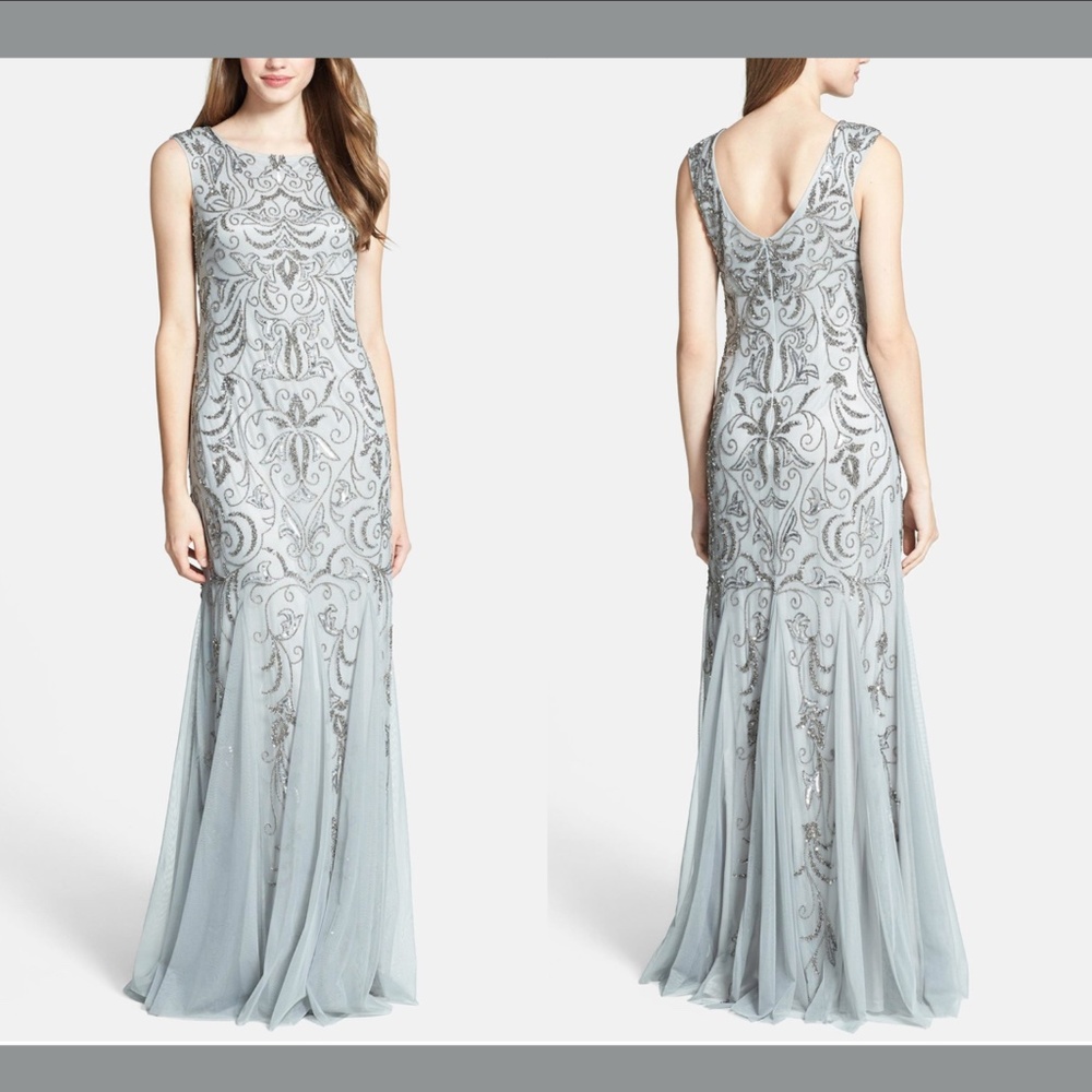 Adrianna Papell Silver Beaded Illusion Neckline Gown